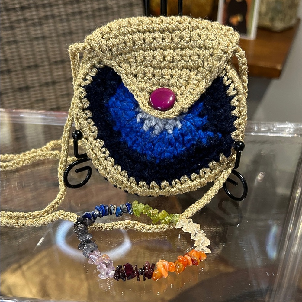 Handcrafted Crochet Pouch - Blue and Beige with Chakra Stretch Bracelet NWT